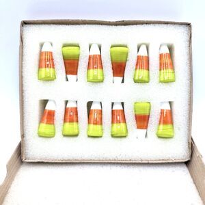 Vintage Lillian Vernon Candy Corn Glass Halloween Decor Set Of 12 Boxed 1-5/8"
